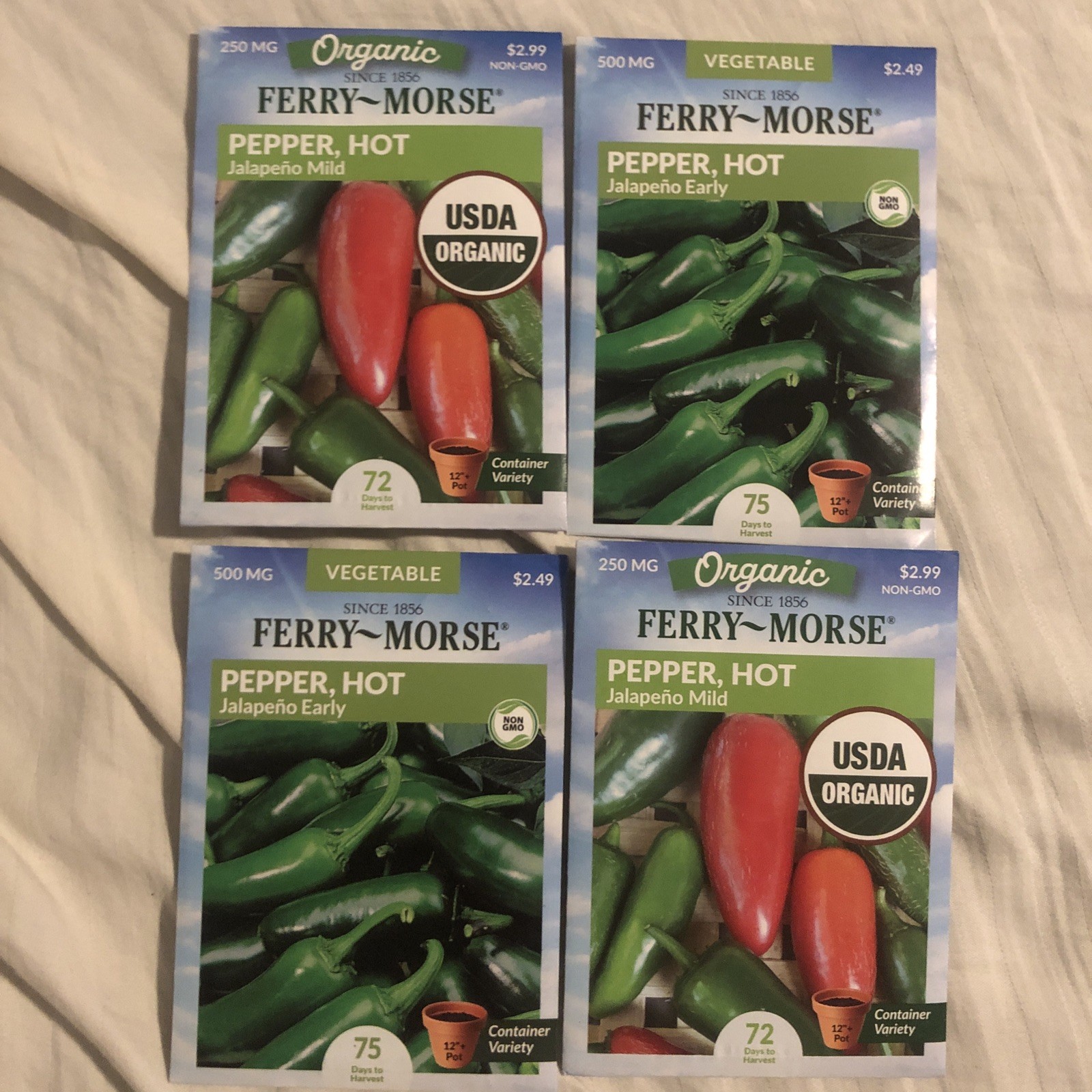 4 packs Hot Pepper Seeds FERRY-MORSE Garden Starters, Jalapeño – 2 Mild, 2 Early