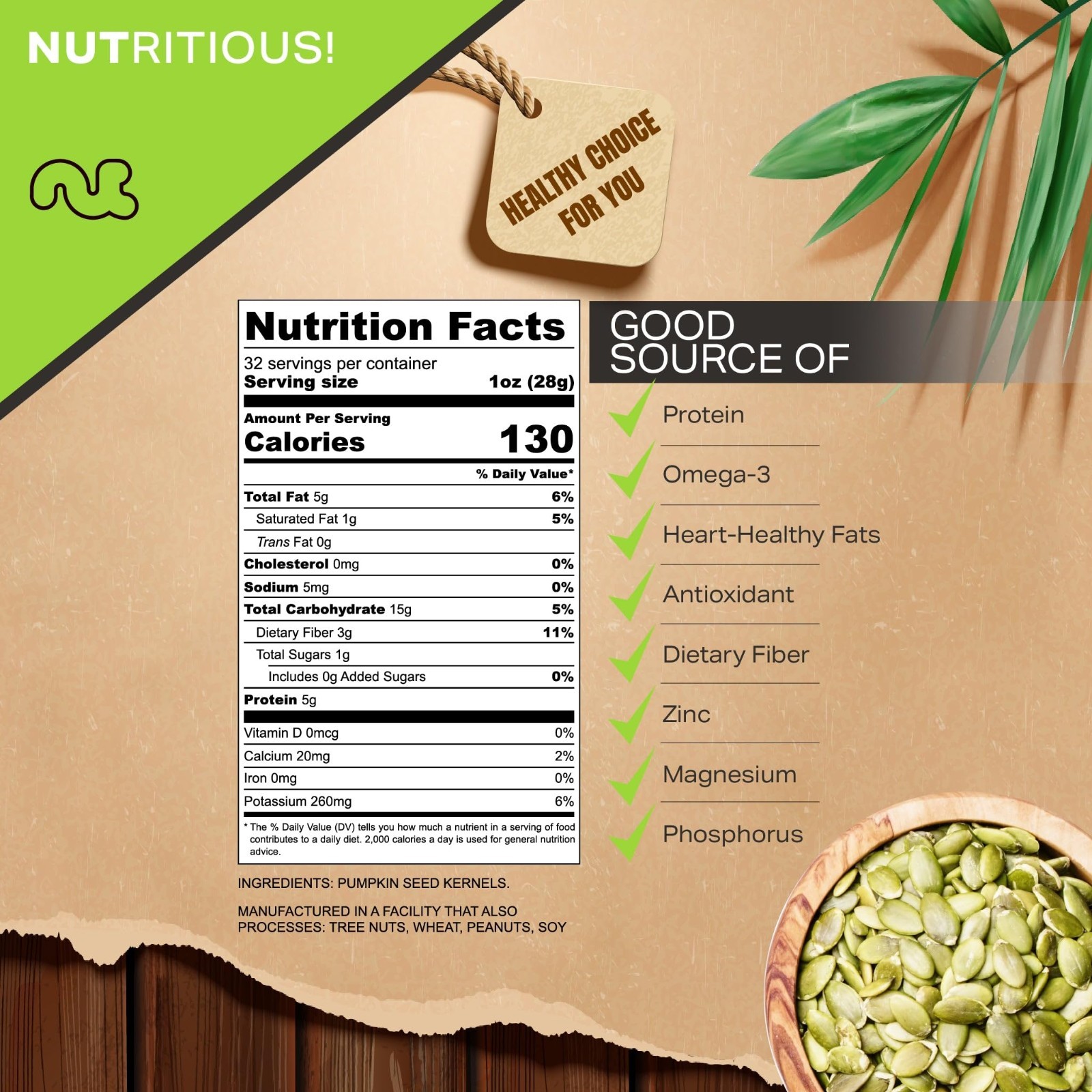 Raw Pumpkin Seeds Pepitas 32oz – Unsalted Shelled Bulk Nuts, Healthy Snack, Kosh