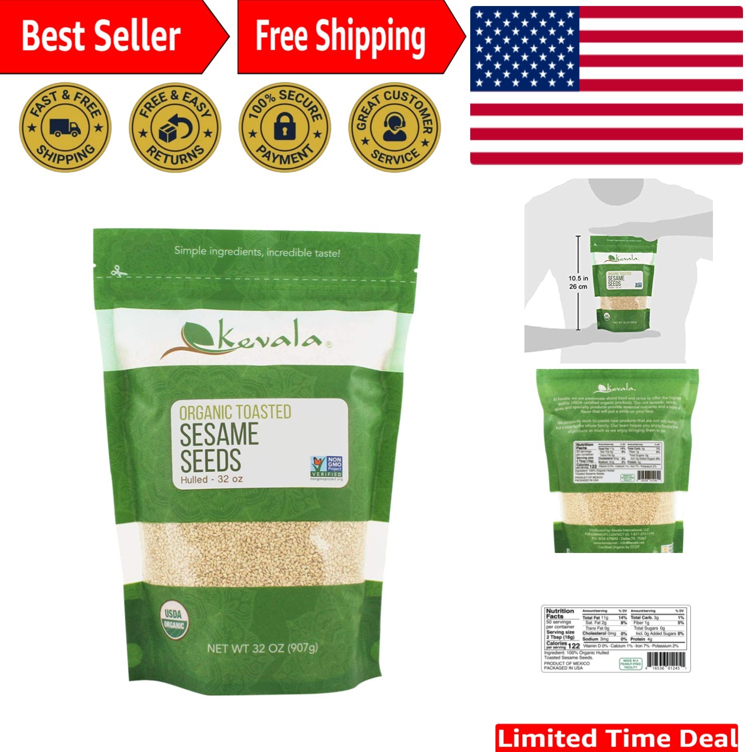 Toasted Hulled Sesame Seeds – 32 oz Resealable Bag, Non-GMO & Kosher