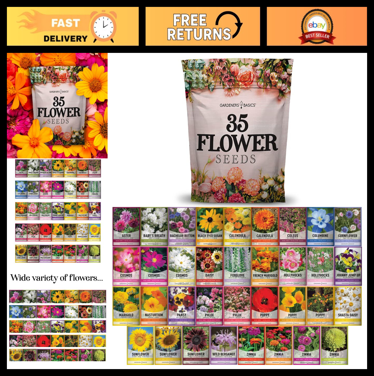 35 Flower Seed Packets – Perennial, Annual & Wildflower Seeds for Bees & Butterf
