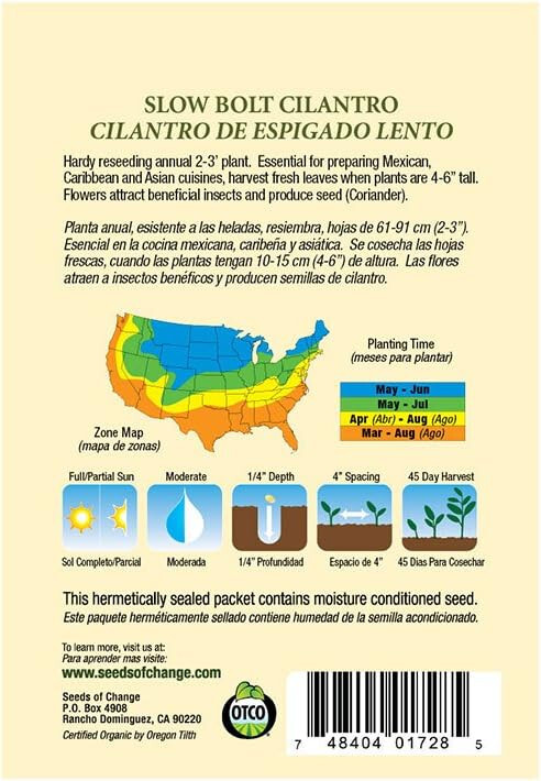 Cilantro Slow Bolt Organic Vegetable Seeds – Seeds of Change 12/22