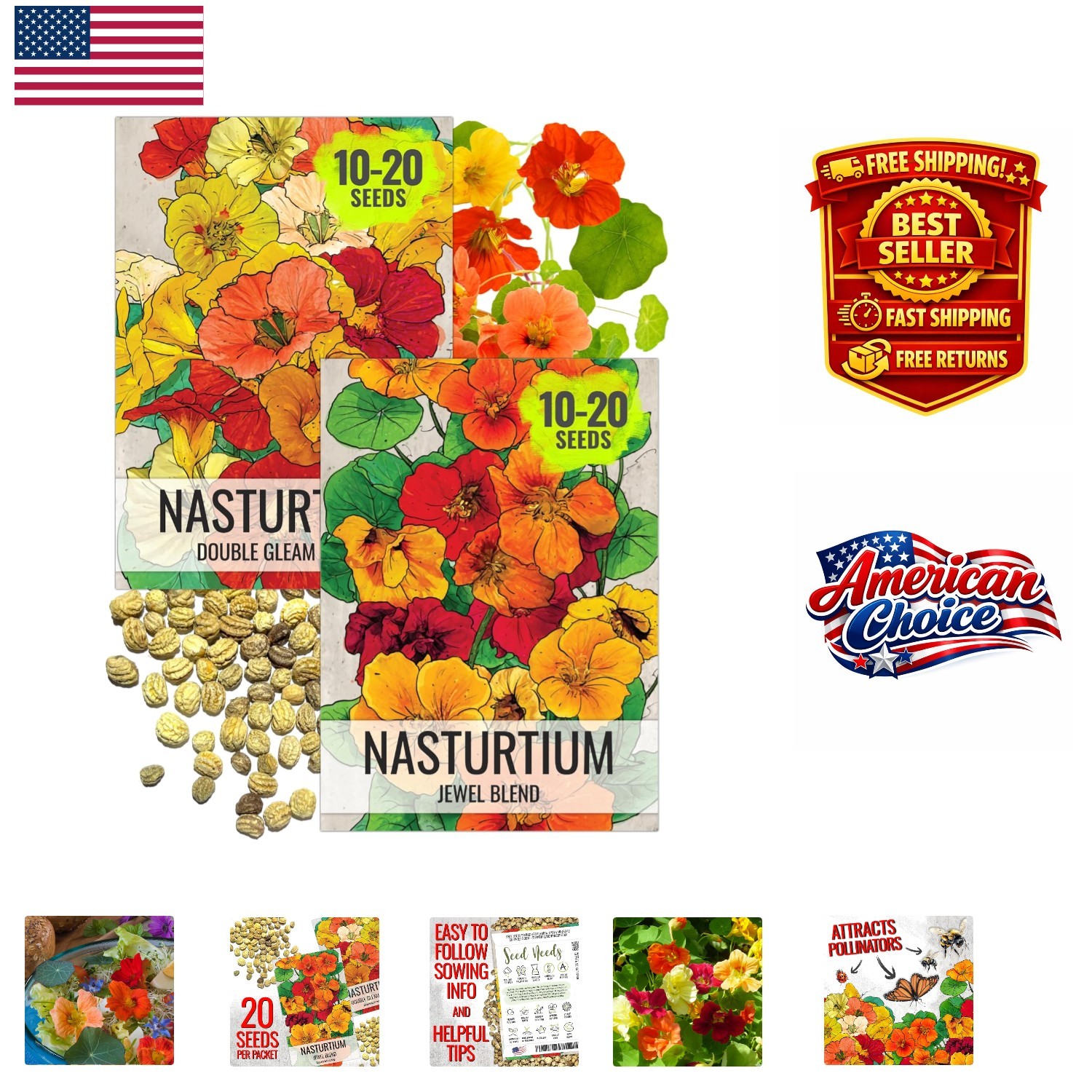 2-Pack Nasturtium Seeds: Jewel Blend & Double Gleam – Colorful Edible Blooms