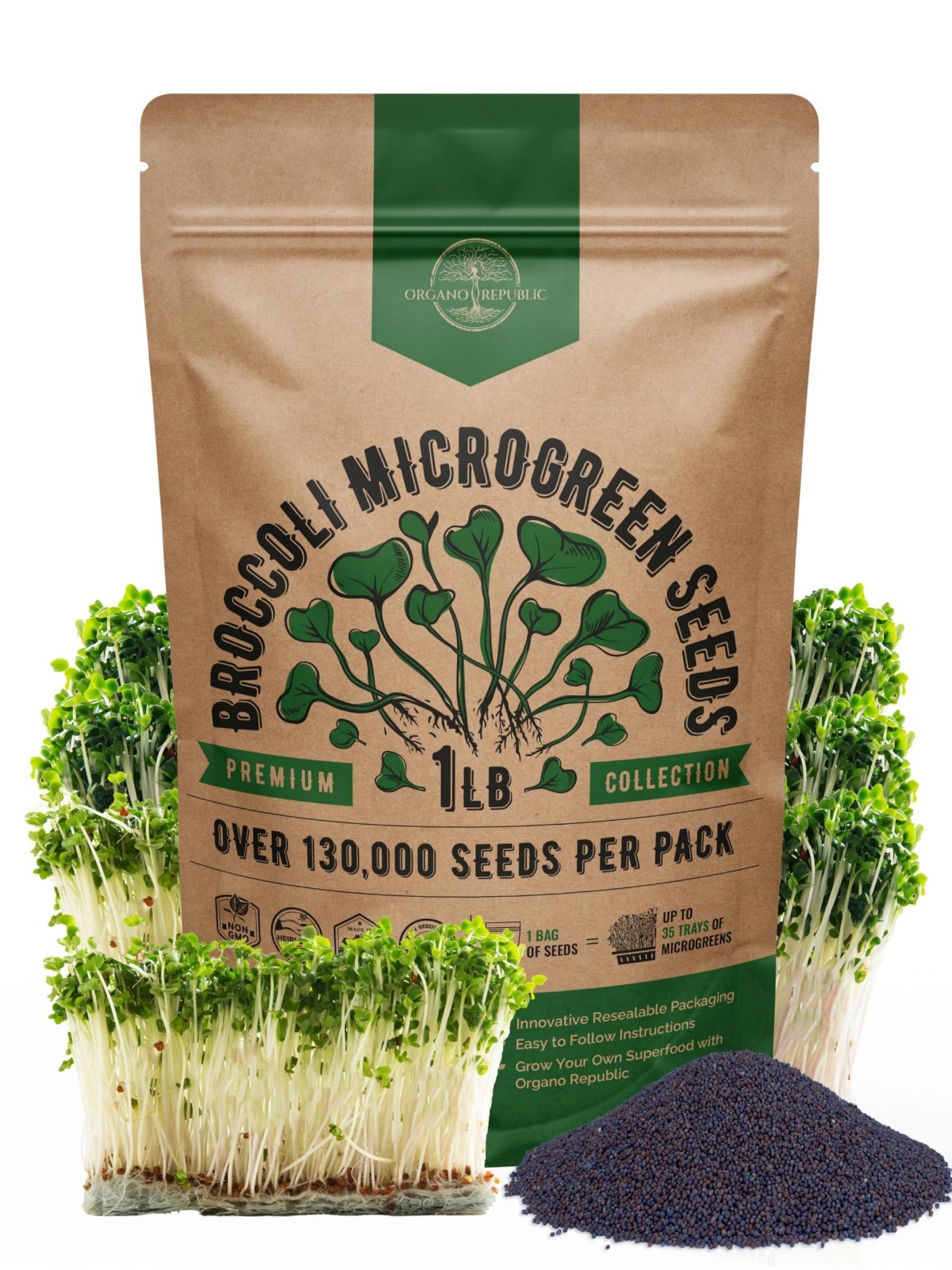 Non-GMO Broccoli Sprouting Seeds & Microgreens Kit – 1lb Resealable Bag for Soil