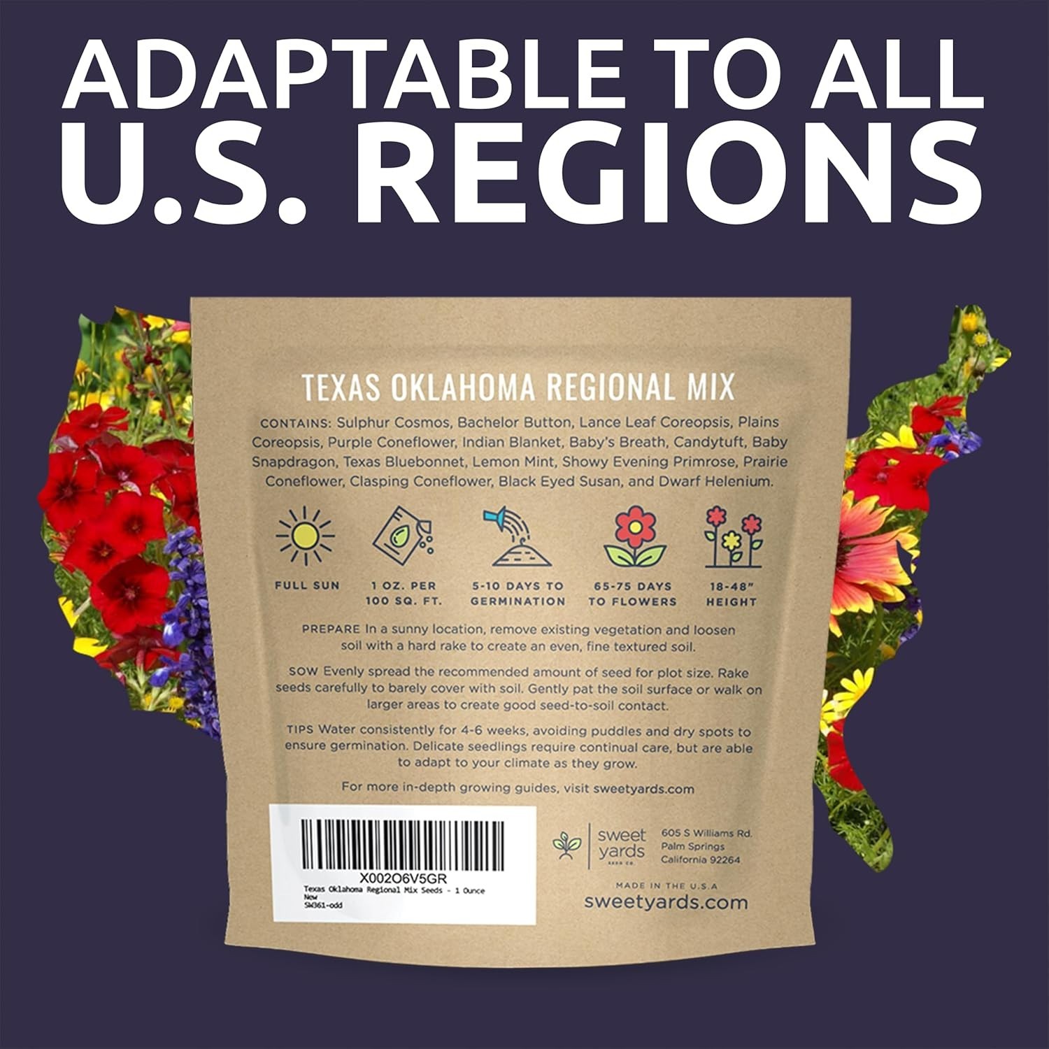 Texas Oklahoma Wildflower Seed Mixture – 1 Ounce Pack with 15,000 Non-GMO Seeds