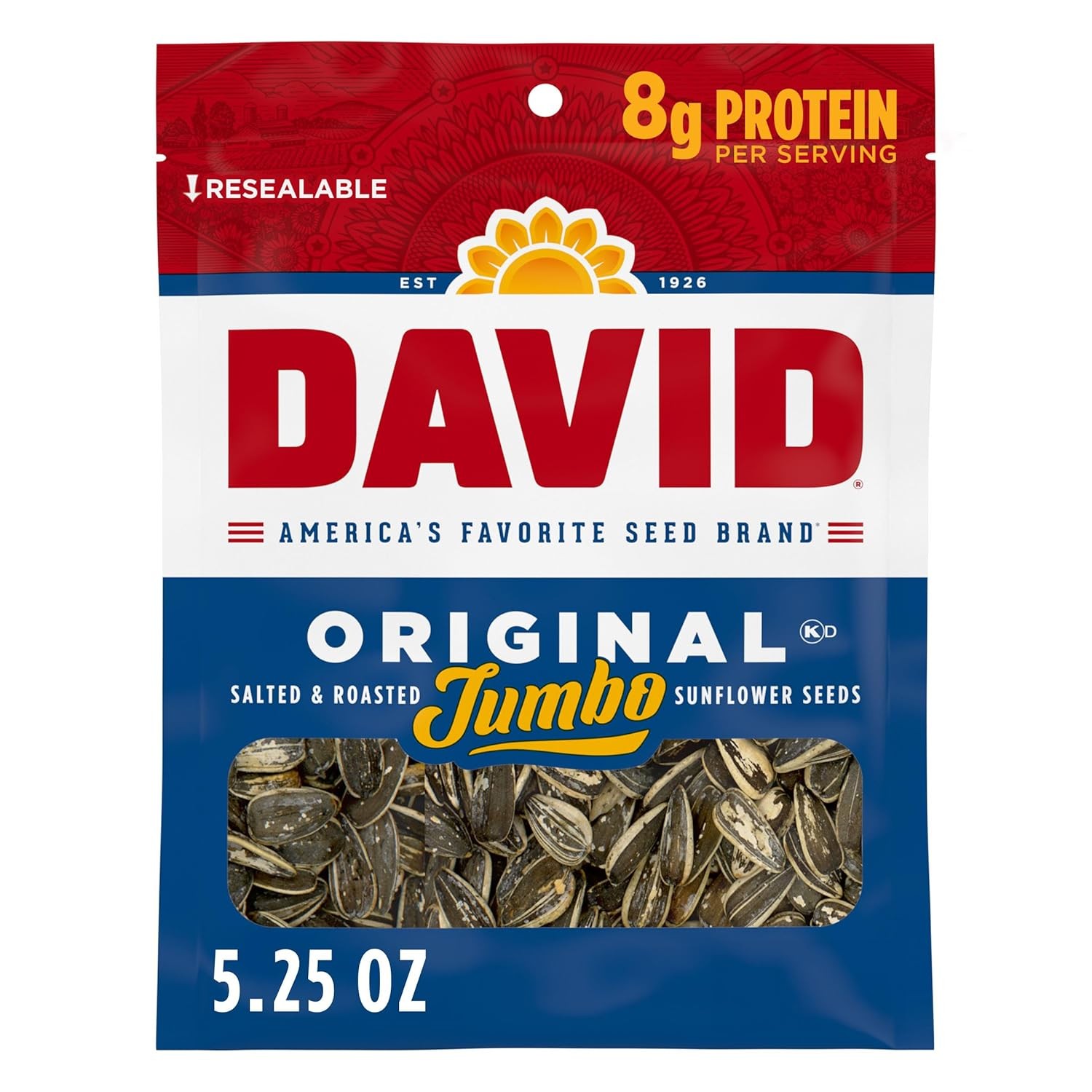 DAVID SEEDS Roasted and Salted Original Jumbo Sunflower Seeds, Keto Friendly, 5.