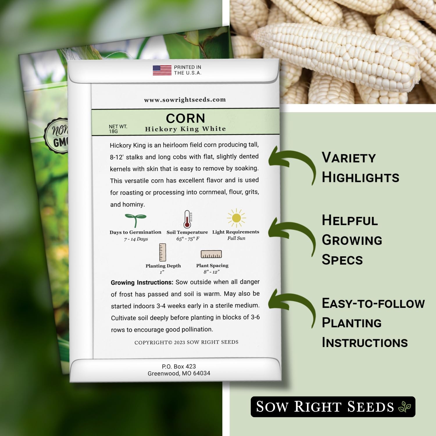 Hickory King White Corn Seeds for Planting NonGMO Heirloom Packet with Inst…