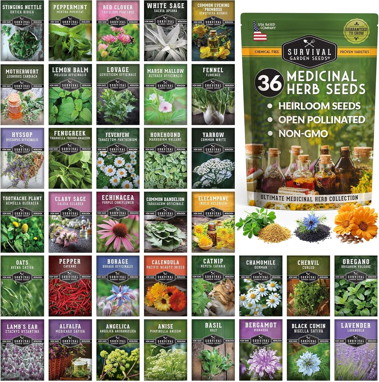 36 Variety Pack of Non-GMO Medicinal Herb Seeds for Home Apothecary Gardens