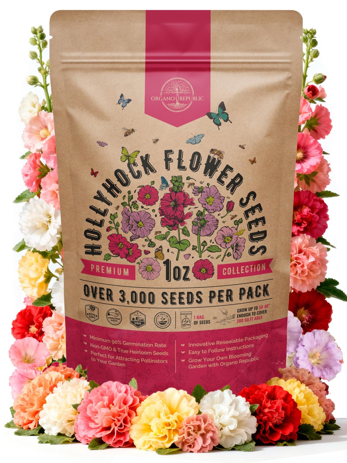 Hollyhock Flower Seeds Pack 1 oz – Over 3,000 Non-GMO Heirloom Hollyhock Seed…