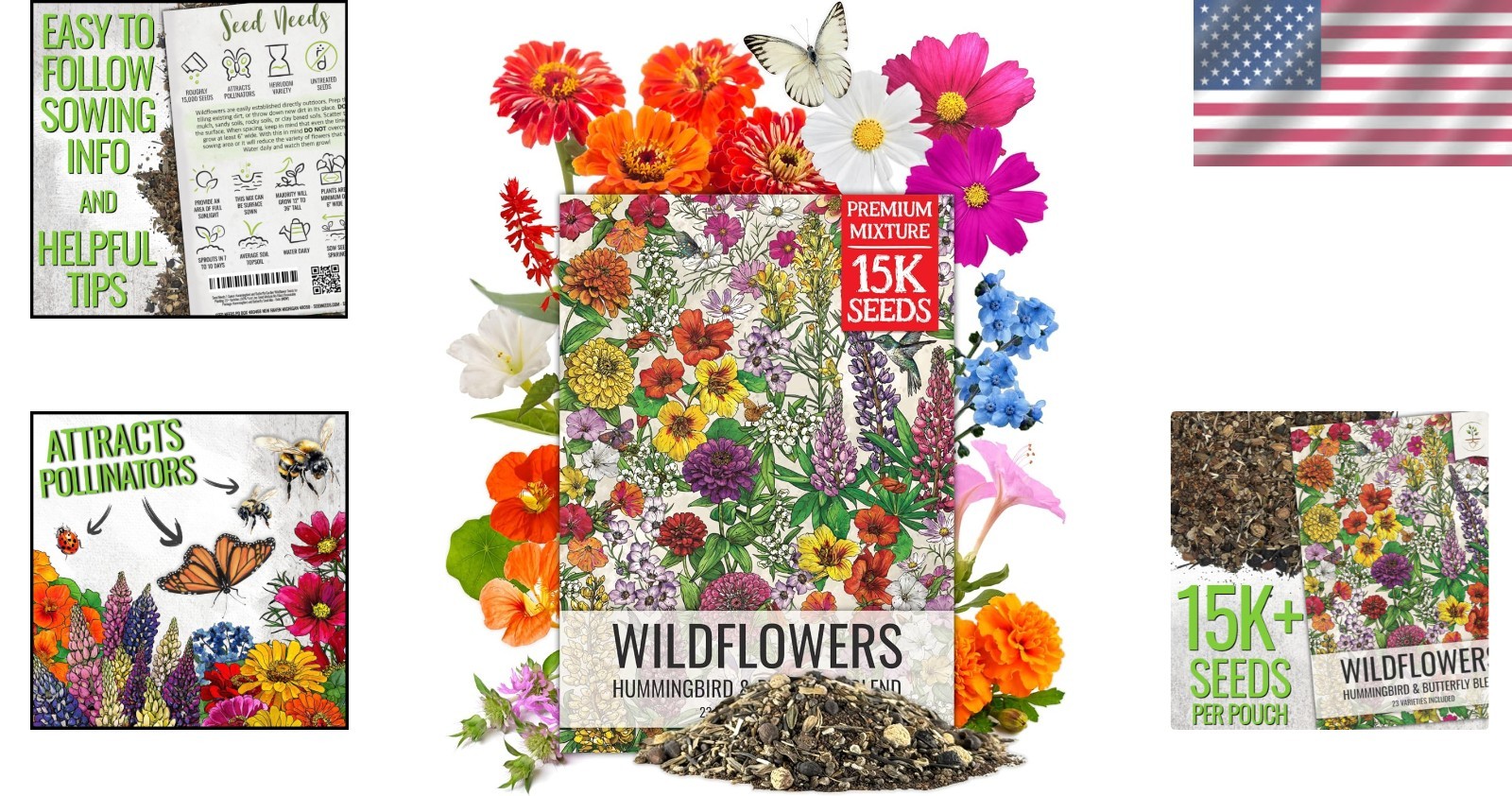 Hummingbird & Butterfly Garden Seed Mix – 23 Varieties, 15,000 Seeds, GMO Free