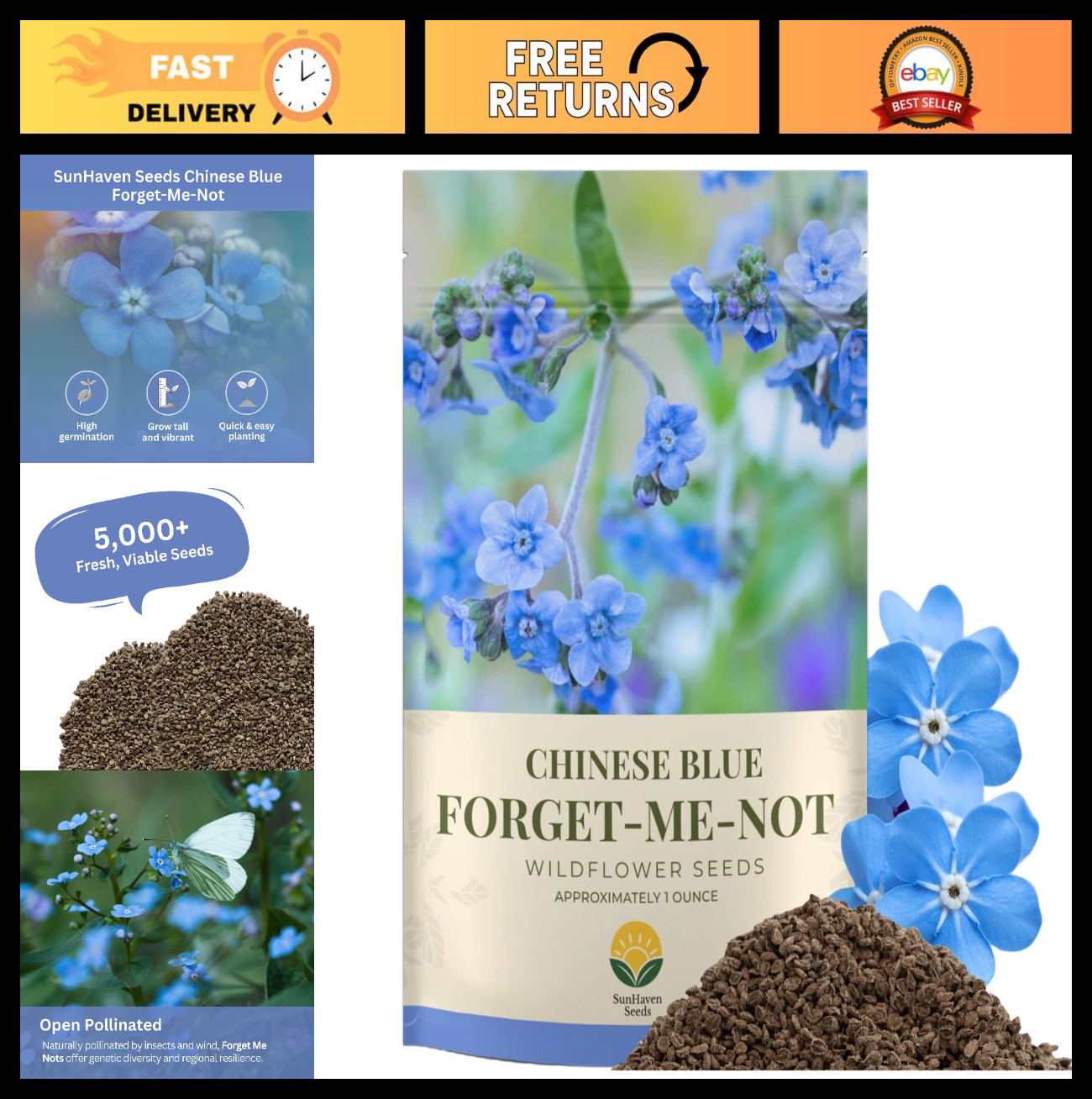 5,000+ Non-GMO Forget-Me-Not Seeds – Sky Blue Blooms for Wildflower Gardens – 1