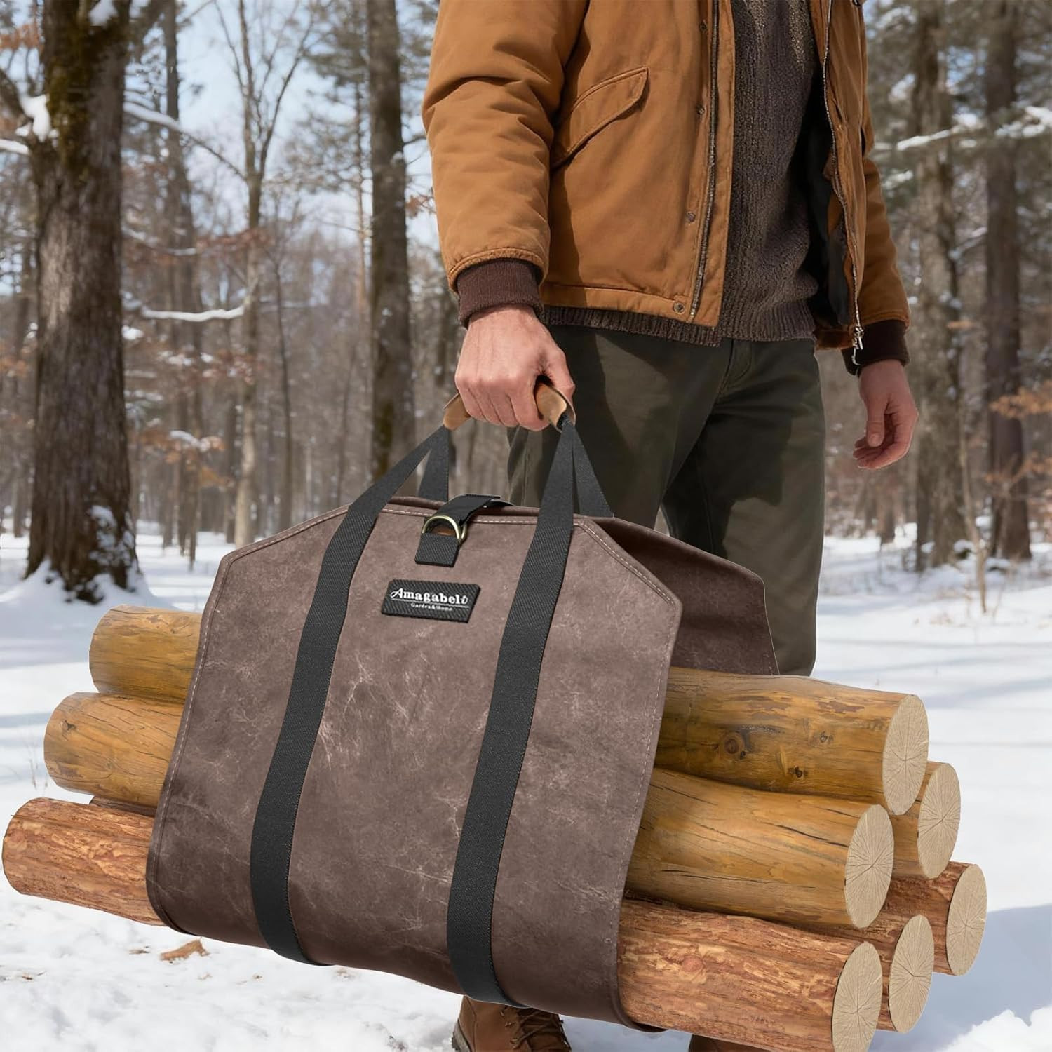 AMAGABELI GARDEN & HOME Firewood Carrier Waxed Canvas Firewood Bag Heavy Duty La
