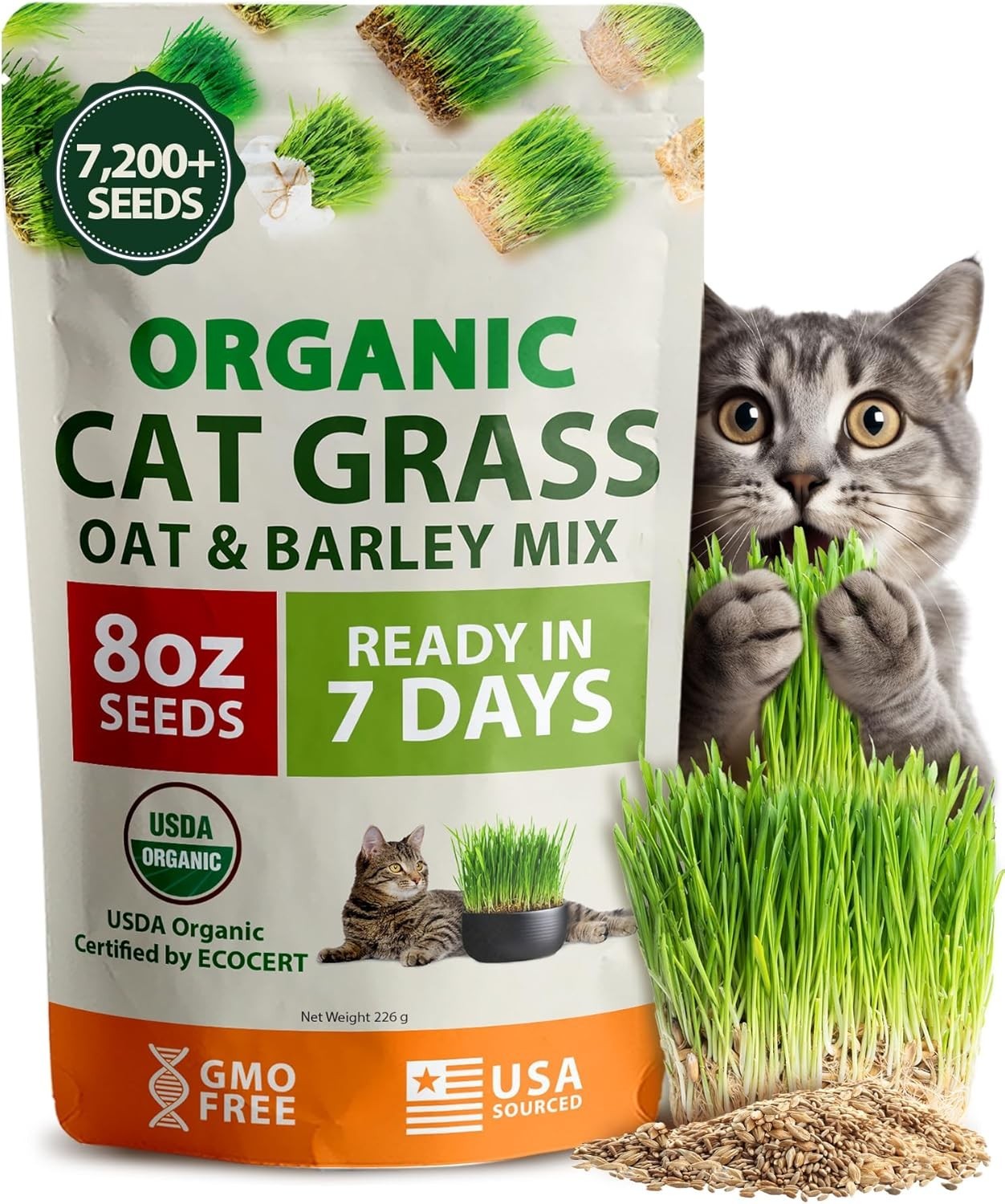 Organic Cat Grass Seeds Pack 8oz – 7200 Non GMO Heirloom Oat & Barley Grass S…