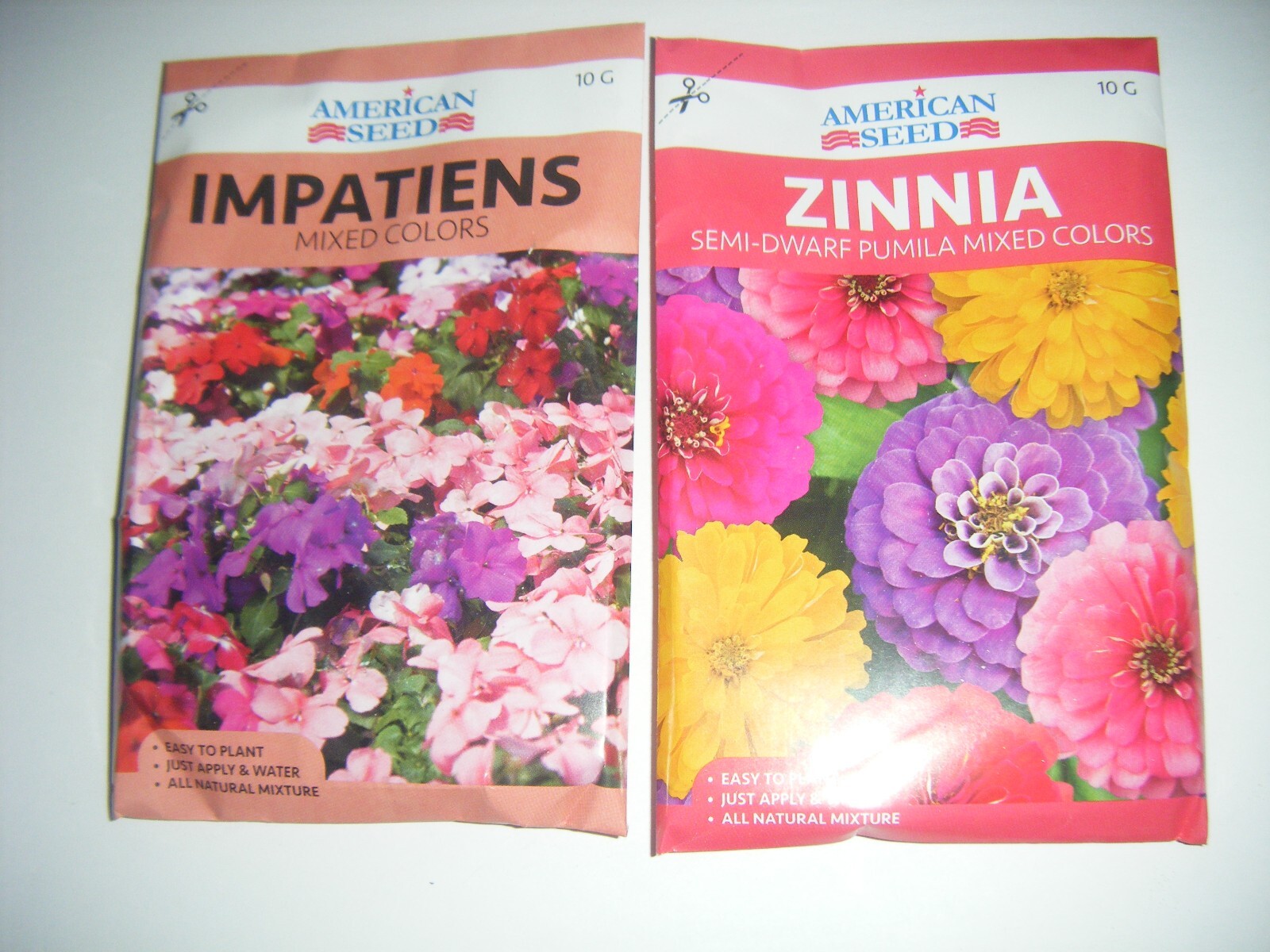 2- 10g Packs IMPATIENS and ZINNIA Semi Dwarf Pumila Mix Colors Seeds Pollinators