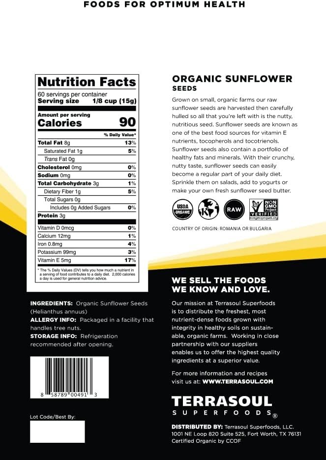 Organic Hulled Sunflower Seeds 2 Pounds Raw Unsalted Gluten-Free