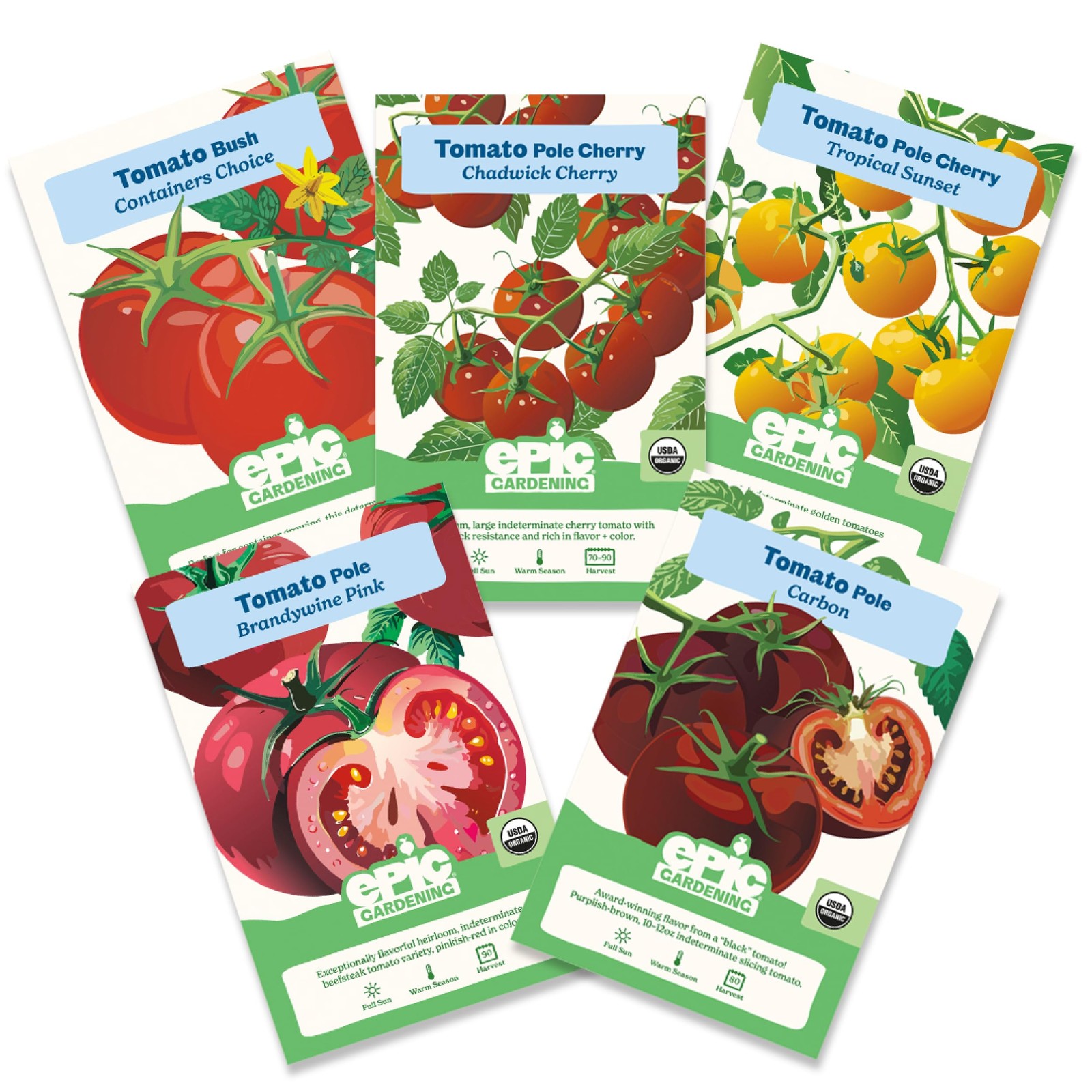Tomato Seed Bundle – 5 Non-GMO Varieties, Brandywine, Chadwick, Tropical Sunset