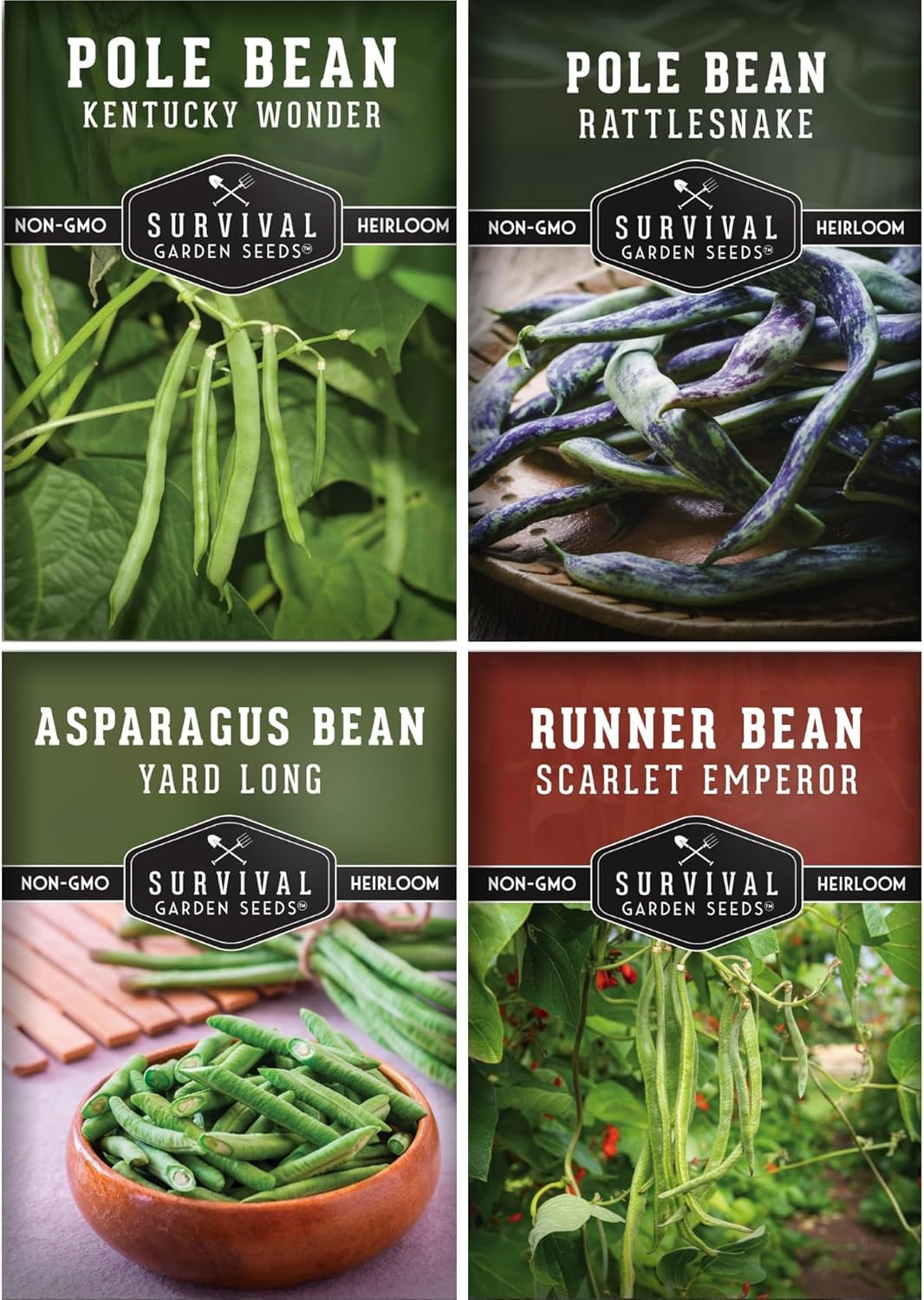 Pole Bean Seeds for Planting – 4 Heirloom Climbing Snap & Runner Beans for Trell