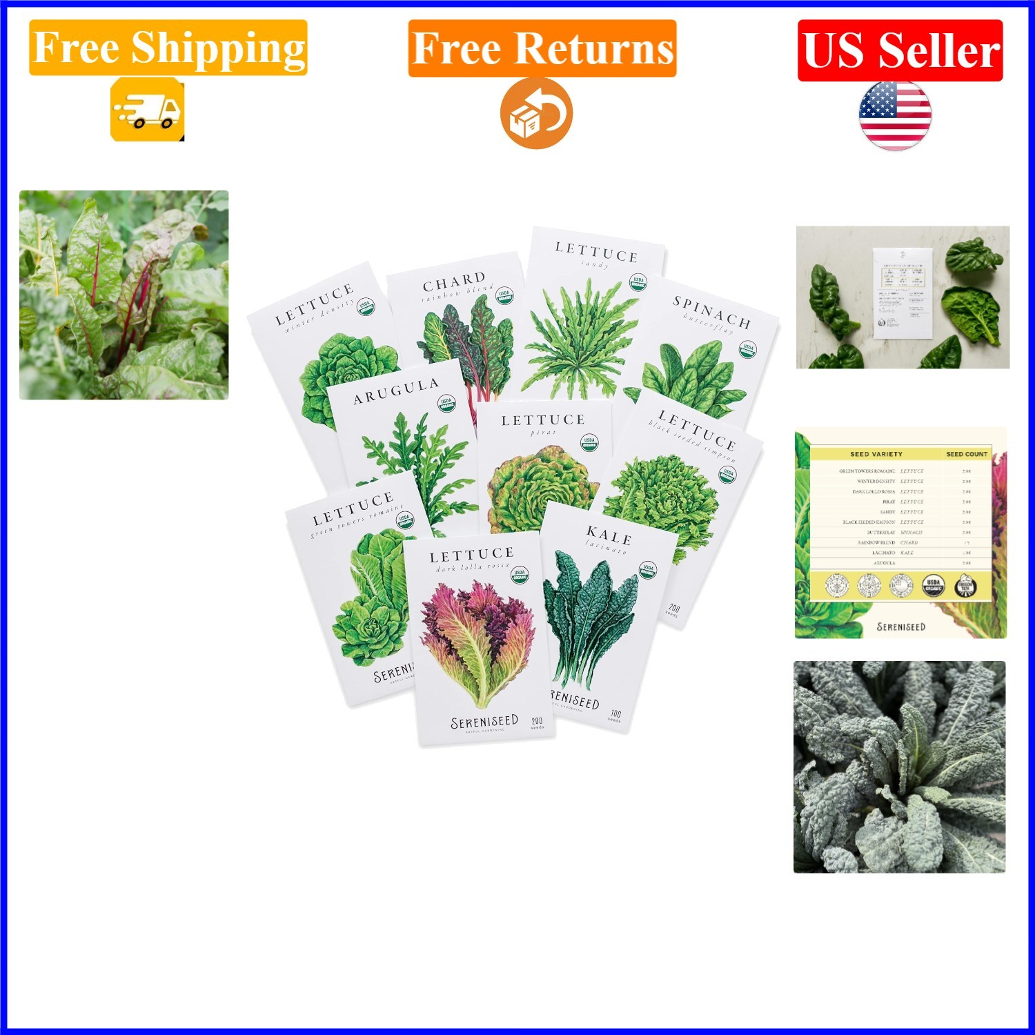 Organic Leafy Greens Seeds 10-Pack, Non-GMO, Indoor/Outdoor, Winter