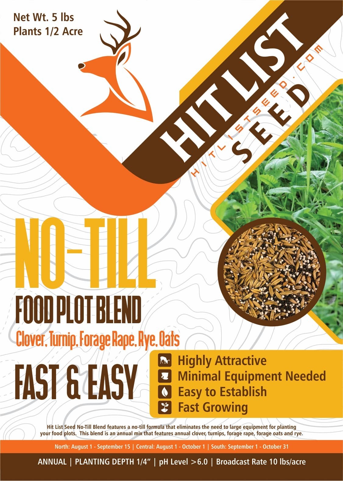 Annual No-Till Food Plot Seeds for Deer – Clover, Rye, Turnip, Brassica Mix – 5