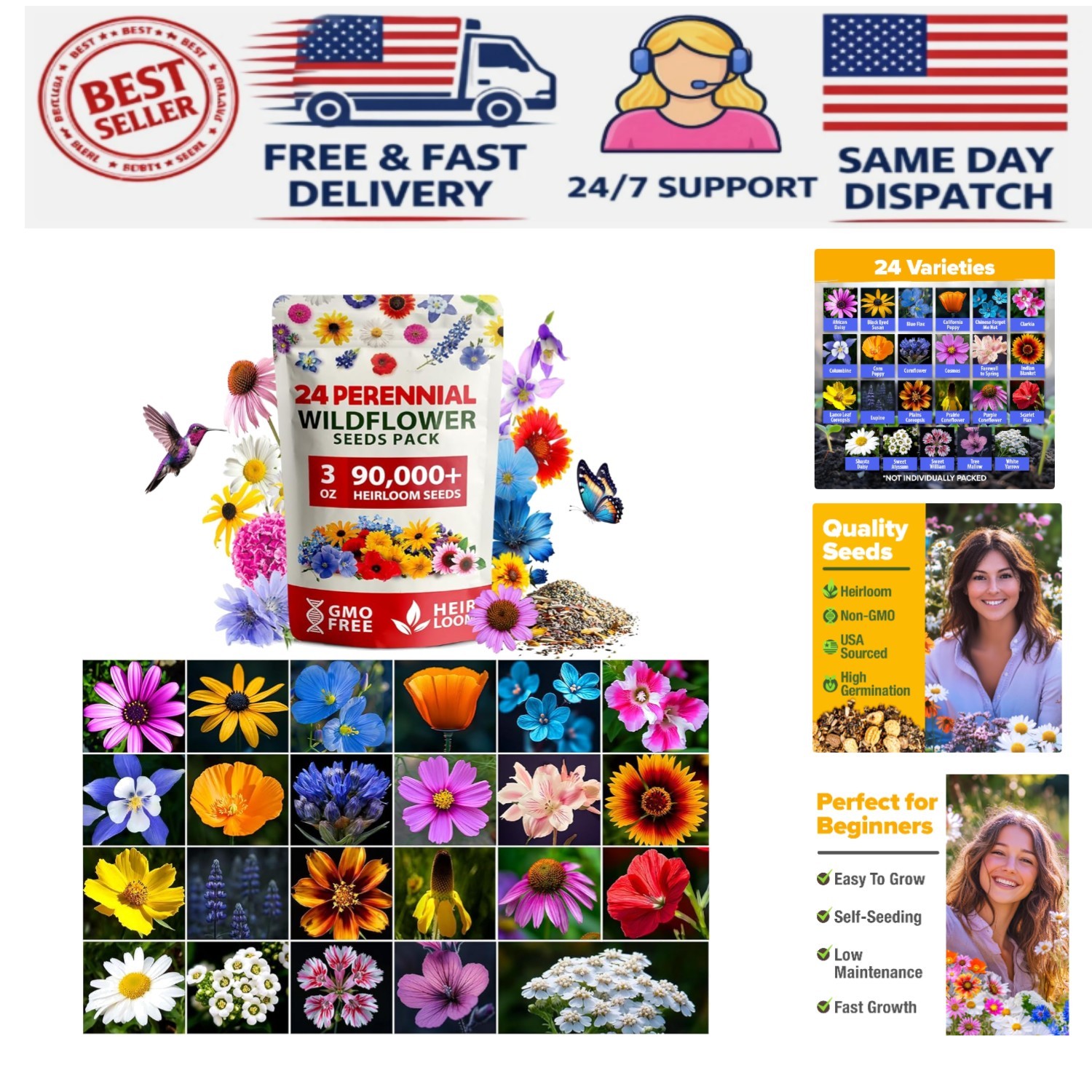 90,000+ Non-GMO Wildflower Seeds Mix – 3oz of 24 Varieties for Pollinators