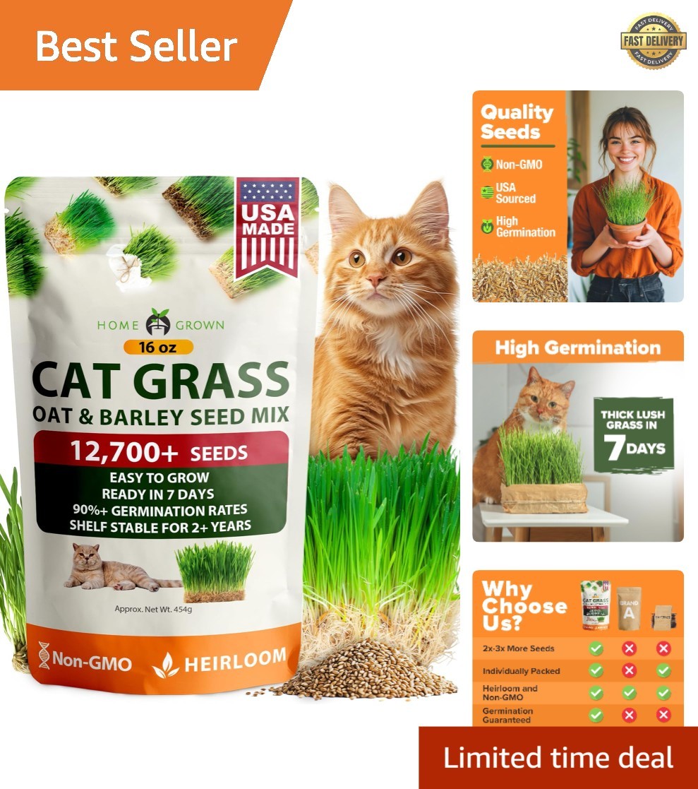 Non GMO 1 Pound Cat Grass 12,700+ Seeds for Cat & Kittens Oat & Barley Mix 10…