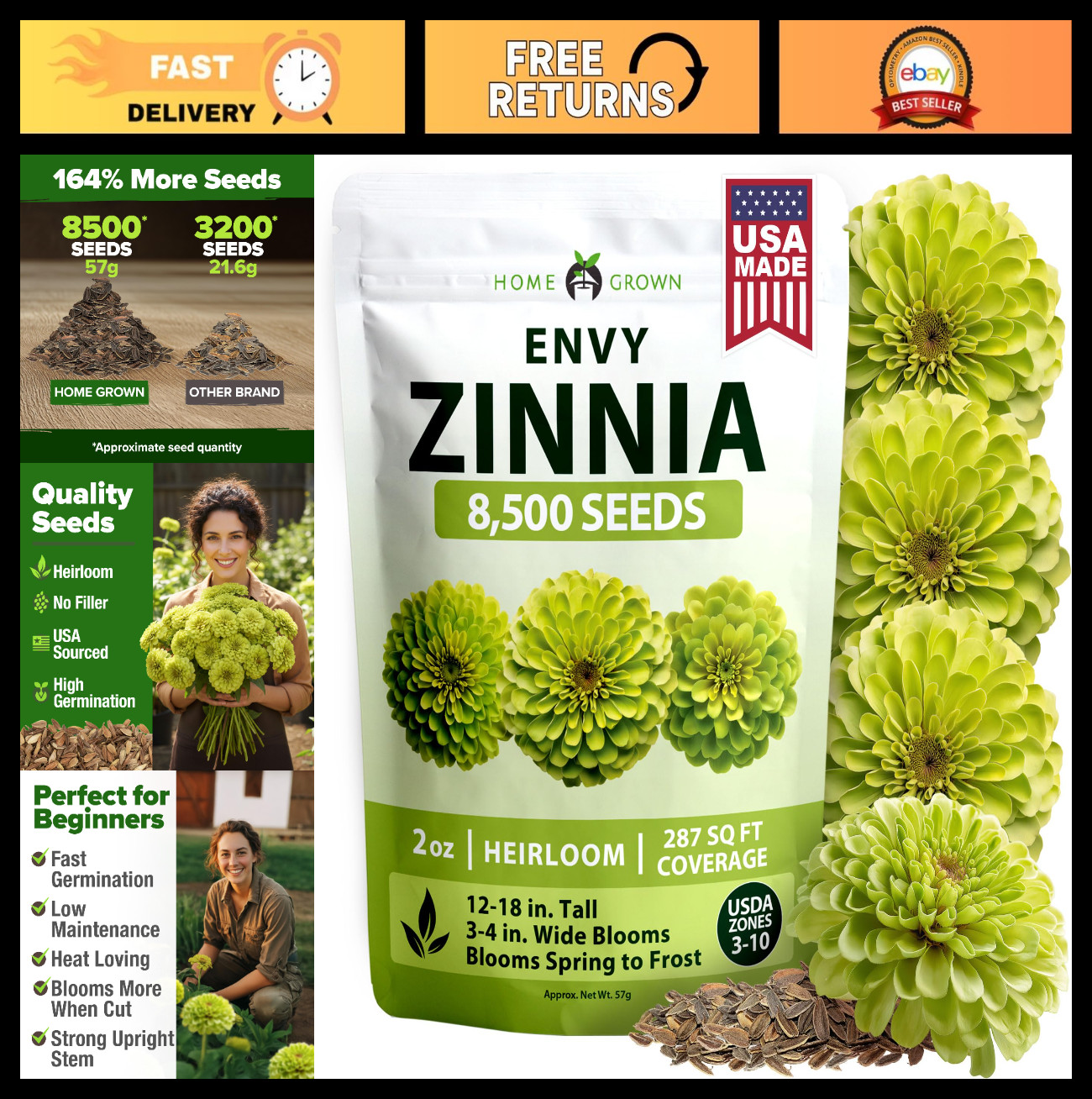 8,500 Lime Green Zinnia Seeds – Fast-Growing Annual Flower Seeds for 2026 Garden