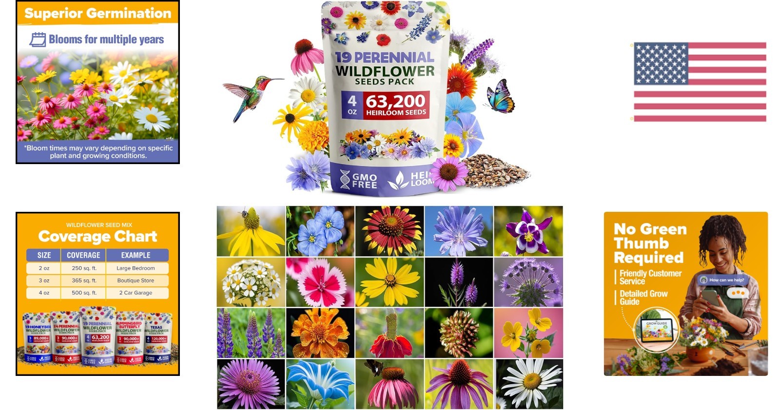 63,200+ Wildflower Seeds – Non-GMO 19 Variety Perennial Mix to Attract Bees