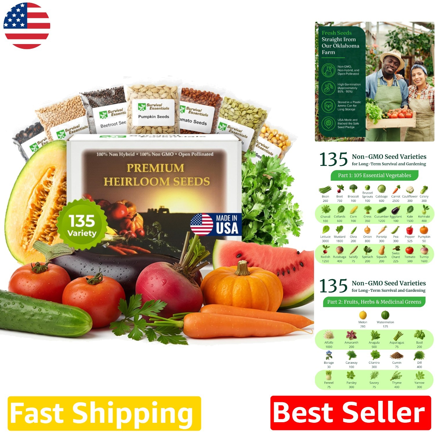 Heirloom Seeds: 135 Varieties, Non-GMO, All Zones, Garden Vault