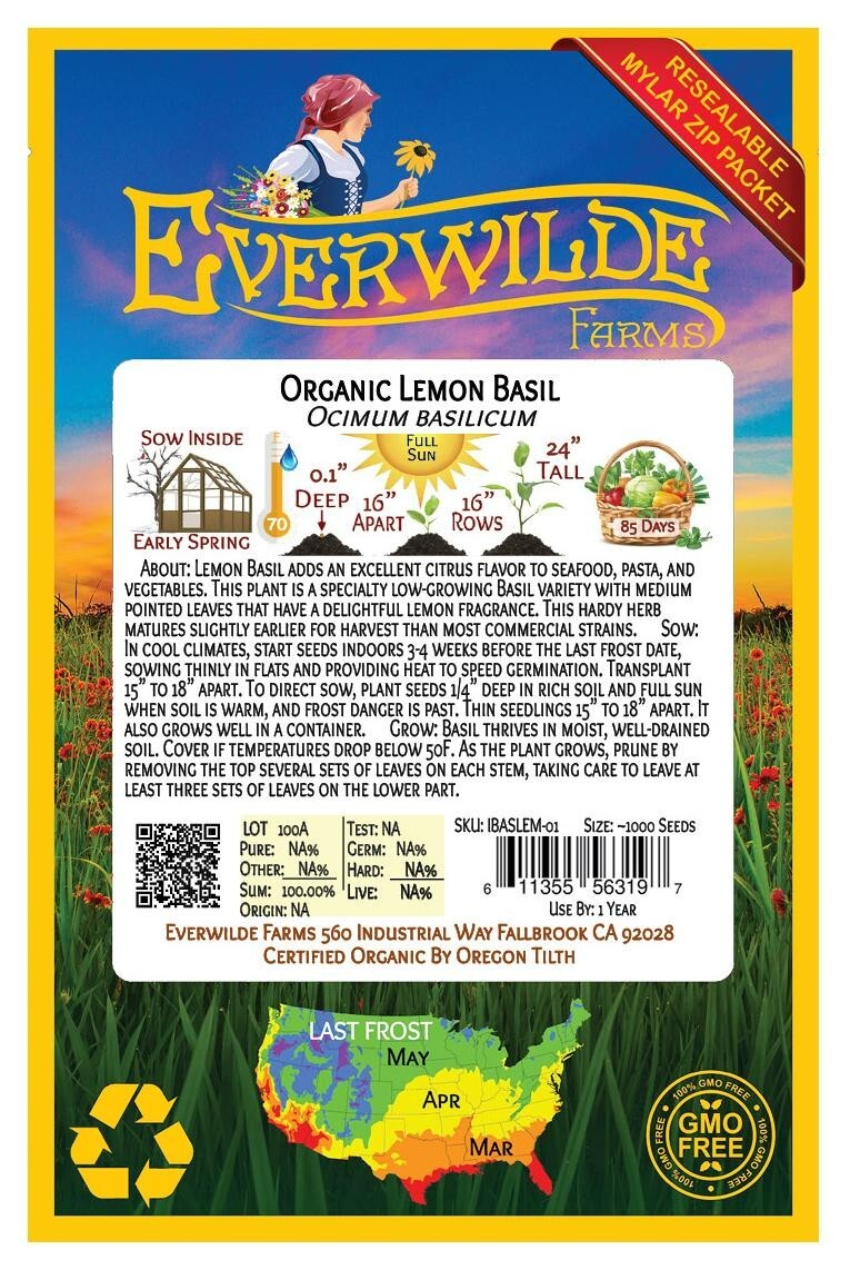 1000 Organic Lemon Basil Organic Herb Seeds – Everwilde Farms Mylar Seed Packet