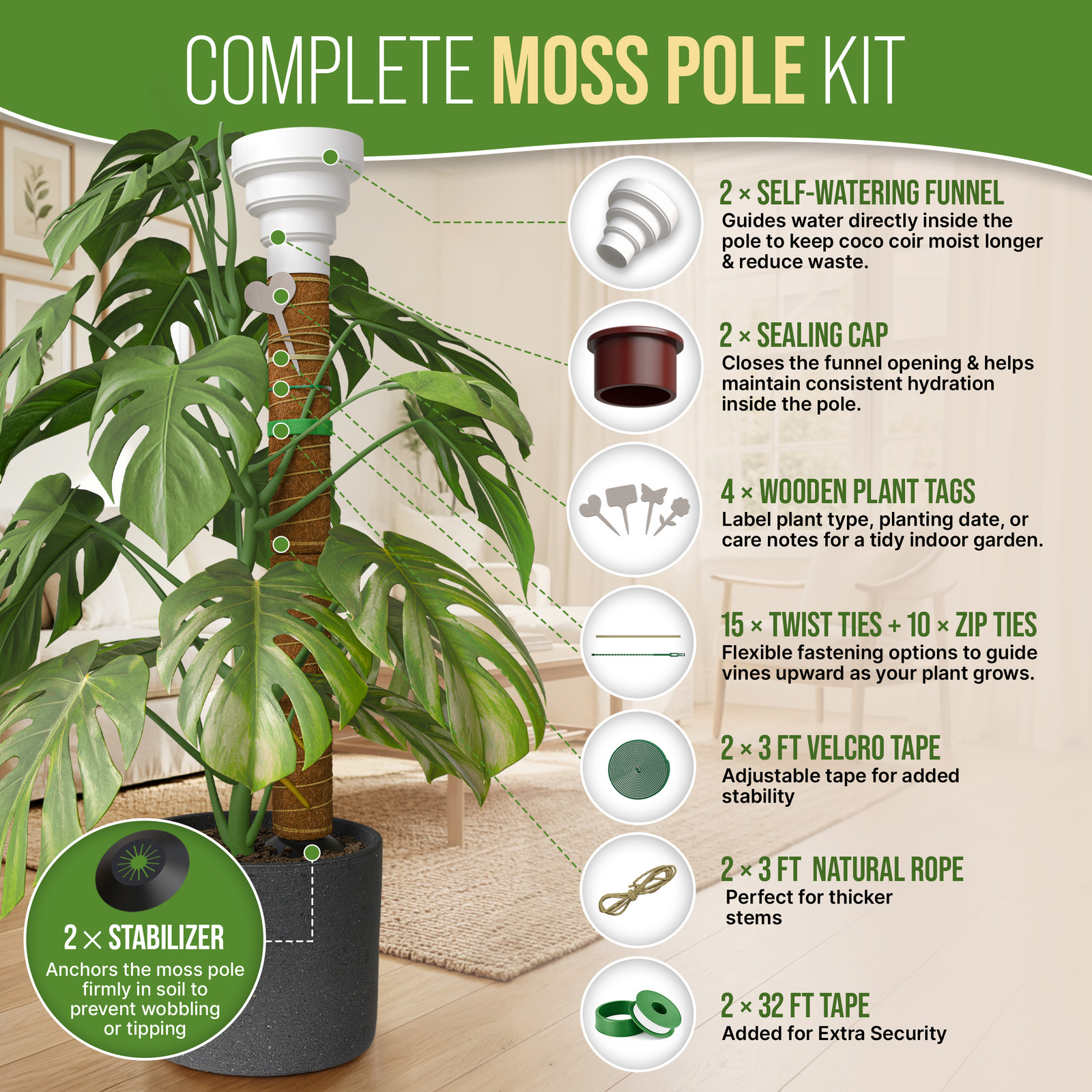 Moss Pole Monstera Plant Support Stakes – 2×26.4 or 48.7″