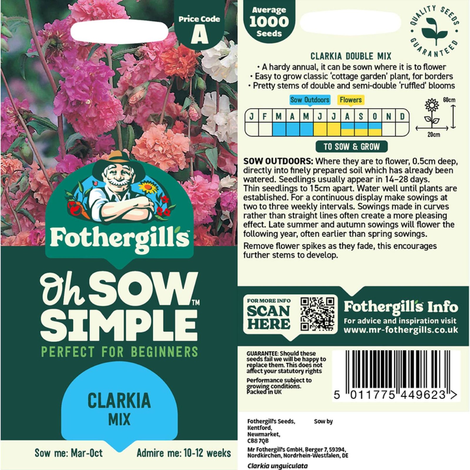Mr. Fothergill’s Clarkia Mix Seed Oh Sow Simple, Easy to Grow