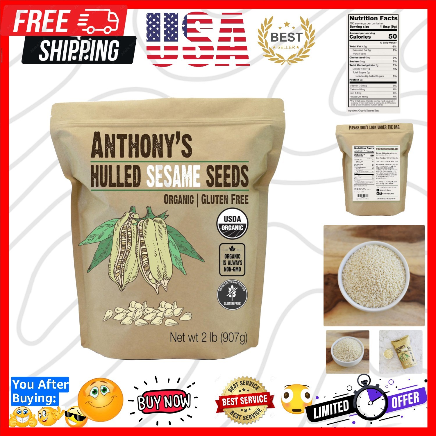 Organic Hulled Sesame Seeds, 2 lb, White, Raw, Gluten Free, Non GMO, Keto Fri…