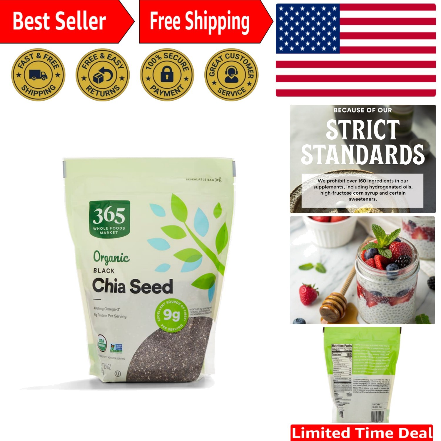 15 Ounce USDA Organic Black Chia Seeds – Perfect for Smoothies & Baking