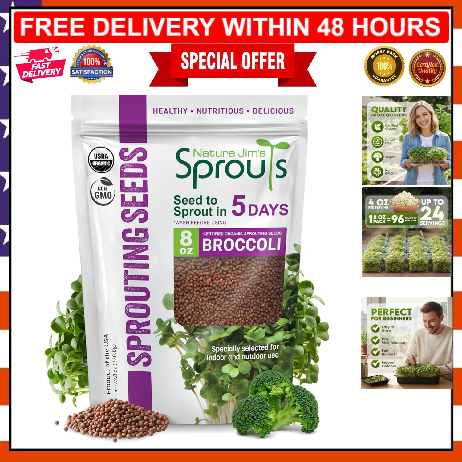 8oz Nature Jim’s Organic Broccoli Sprouting Seeds – Boost Immunity, Quick Growth