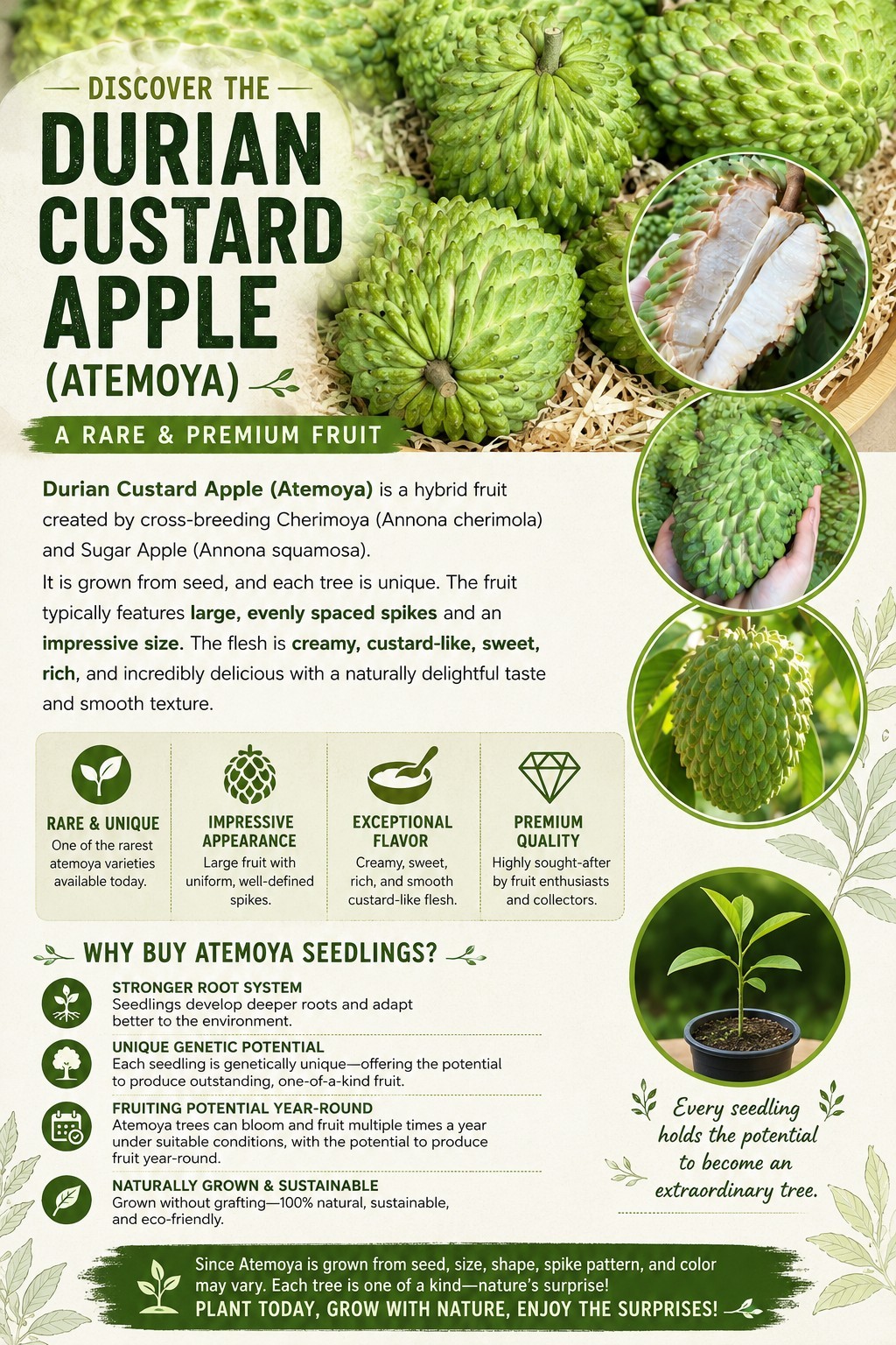 VERY RARE Imperial Velvet Durian Atemoya Giant Fruit • Uniform Spikes • Premium