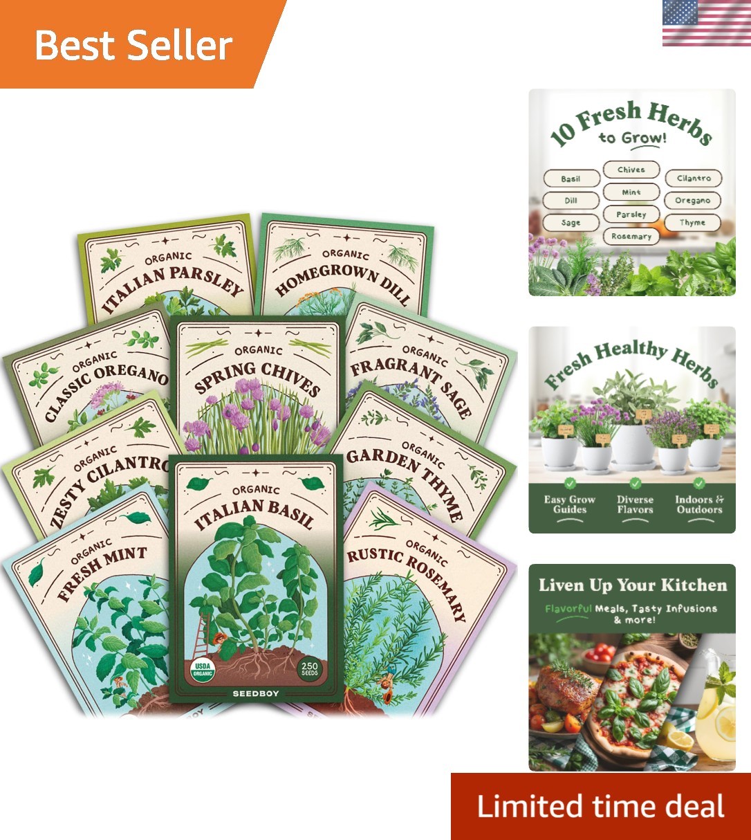 Organic Non GMO 10 Herb Variety Pack: Basil, Cilantro, Mint, Oregano, Parsley…