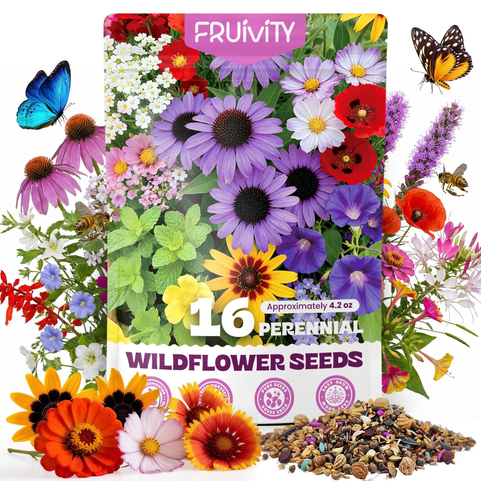 200,000+ Wildflower Seeds Bulk (4oz) – 16 Varieties Perennial & Annual Mix, A…