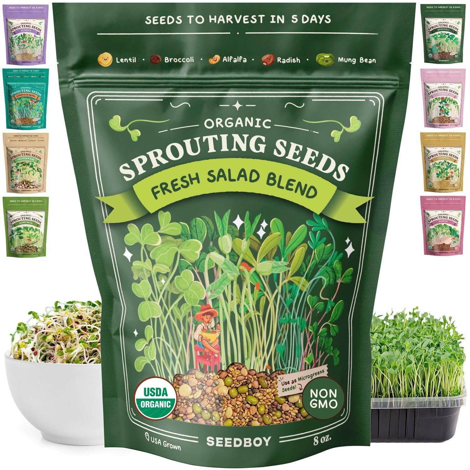 Seedboy Organic NonGMO Sprouting Seeds, Fresh Salad Blend USA Grown Microgre…