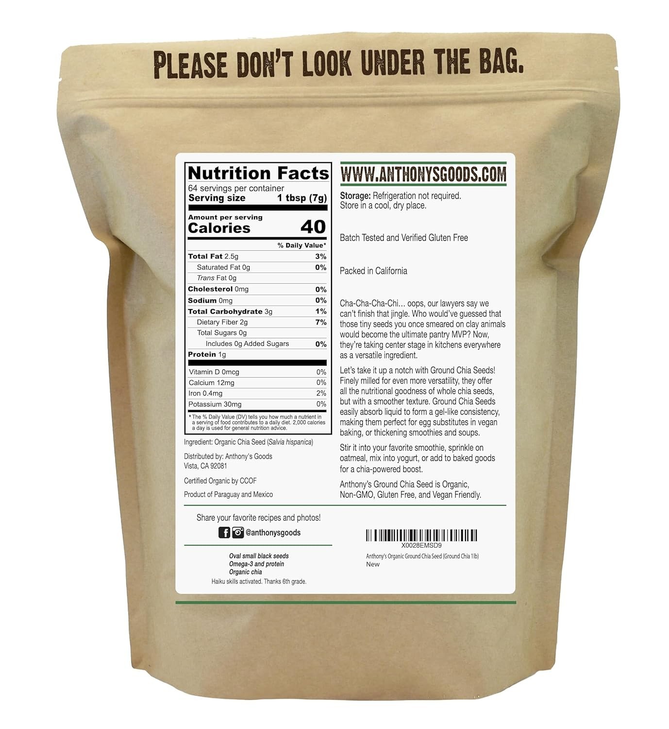 Organic Ground Chia Seed 1 lb Finely Milled Gluten Free Non GMO