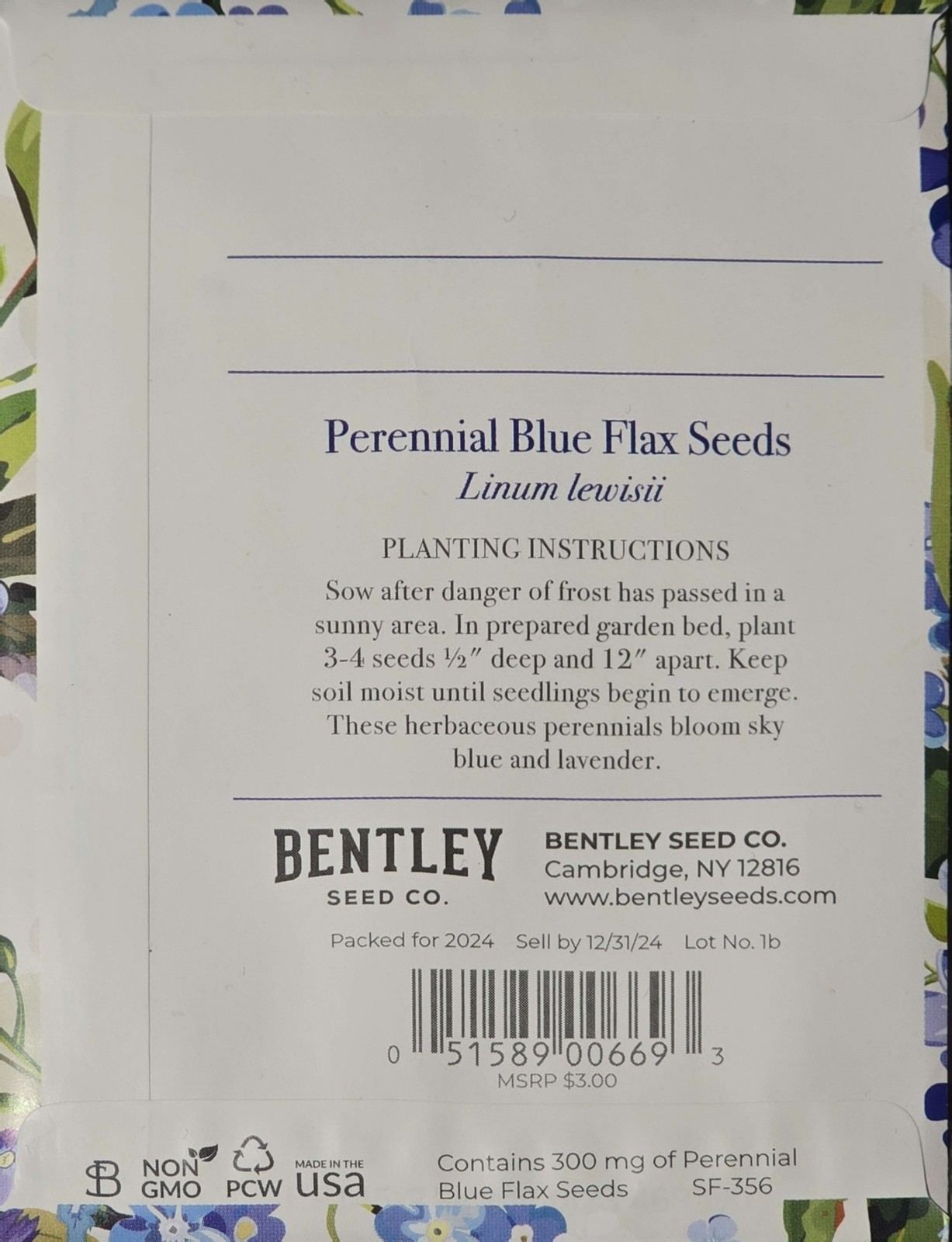 Bentley Seed Co. Perennial Blue Flax Seeds, Linum lewisii 300 mg Never Forgotten