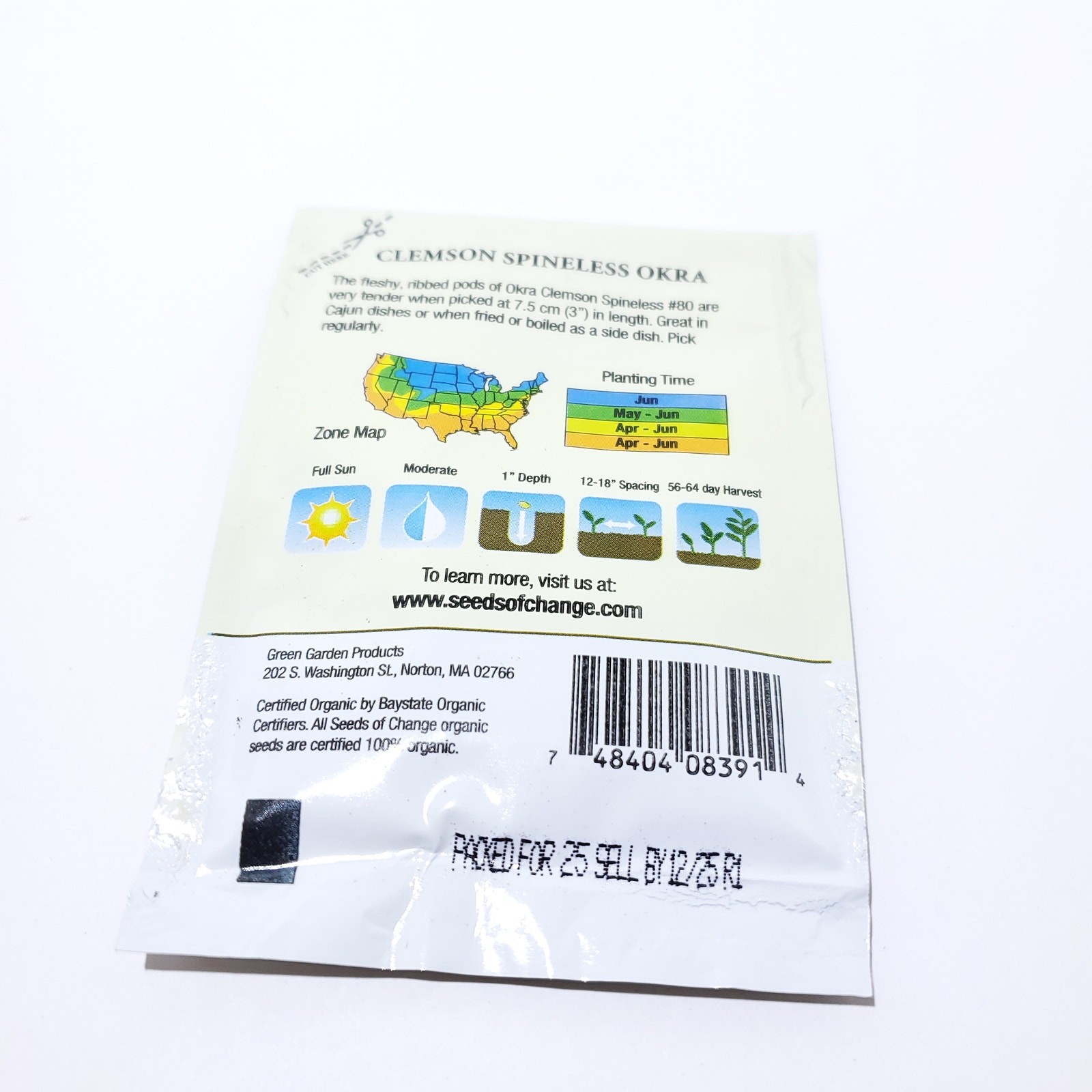 Seeds of Change Organic (2025) – 1pk 2.8g Clemson Spineless Okra Garden Seeds