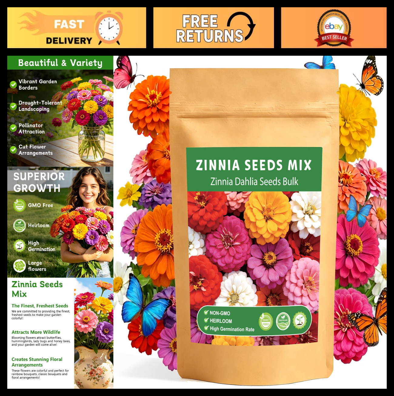 15,000+ California Giant Zinnia Seeds – Double Dahlia Mixed Color, Non-GMO, Easy